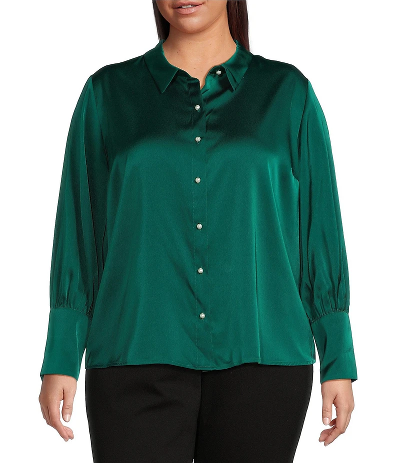 CeCe Plus Size Satin Point Collar Long Sleeve Tall Cuff Pearl Button Front Blouse
