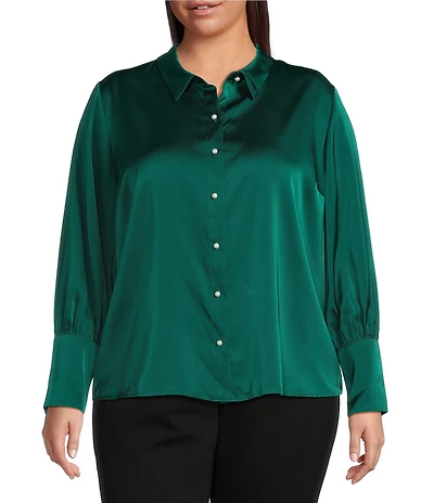 CeCe Plus Size Satin Point Collar Long Sleeve Tall Cuff Pearl Button Front Blouse