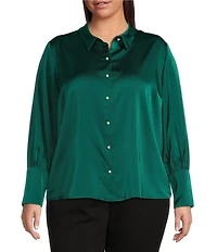 CeCe Plus Size Satin Point Collar Long Sleeve Tall Cuff Pearl Button Front Blouse