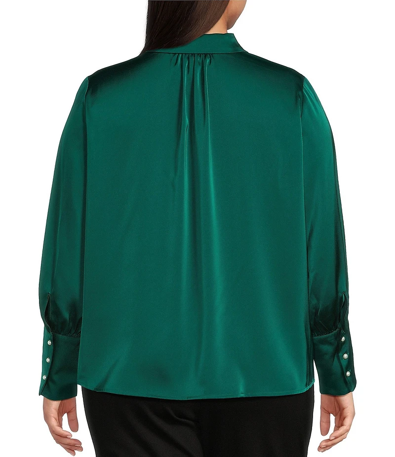 CeCe Plus Size Satin Point Collar Long Sleeve Tall Cuff Pearl Button Front Blouse