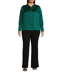 CeCe Plus Size Satin Point Collar Long Sleeve Tall Cuff Pearl Button Front Blouse