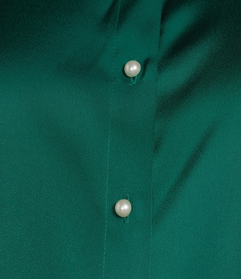 CeCe Plus Size Satin Point Collar Long Sleeve Tall Cuff Pearl Button Front Blouse
