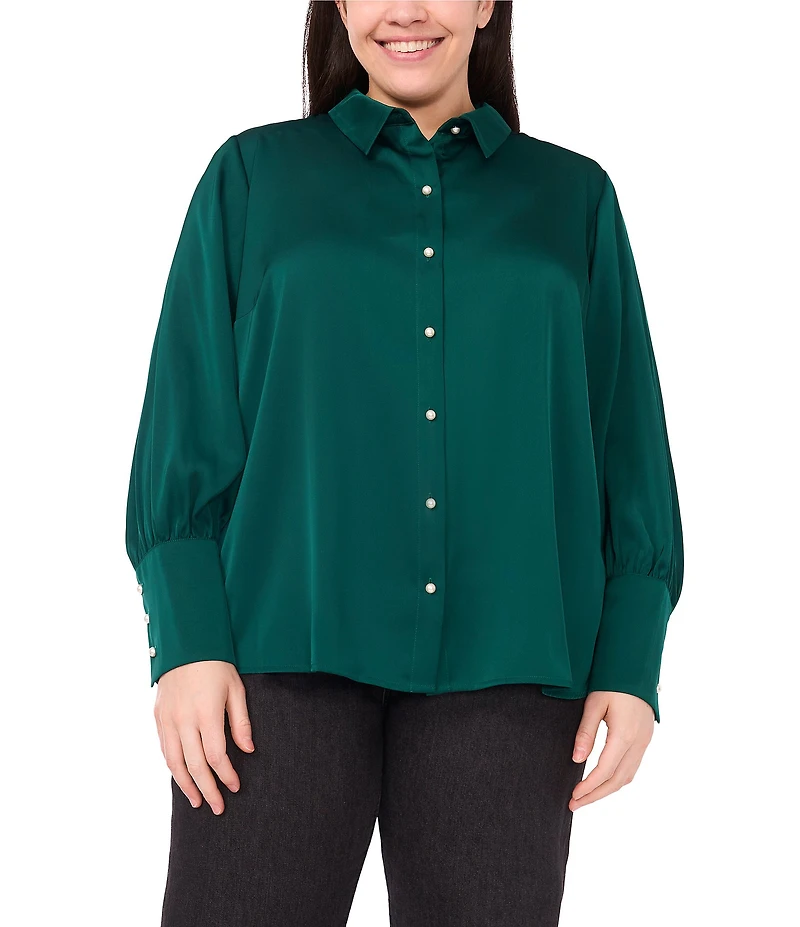 CeCe Plus Size Satin Point Collar Long Sleeve Tall Cuff Pearl Button Front Blouse