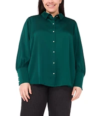 CeCe Plus Size Satin Point Collar Long Sleeve Tall Cuff Pearl Button Front Blouse