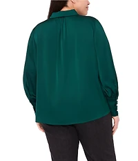 CeCe Plus Size Satin Point Collar Long Sleeve Tall Cuff Pearl Button Front Blouse