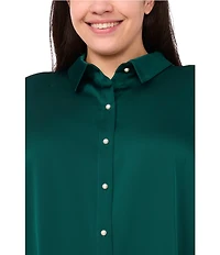 CeCe Plus Size Satin Point Collar Long Sleeve Tall Cuff Pearl Button Front Blouse