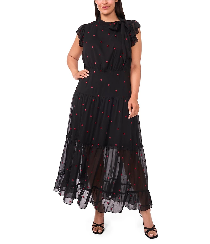 Cece Plus Size Tie Neck Short Sleeve Tiered Midi A-Line Dress