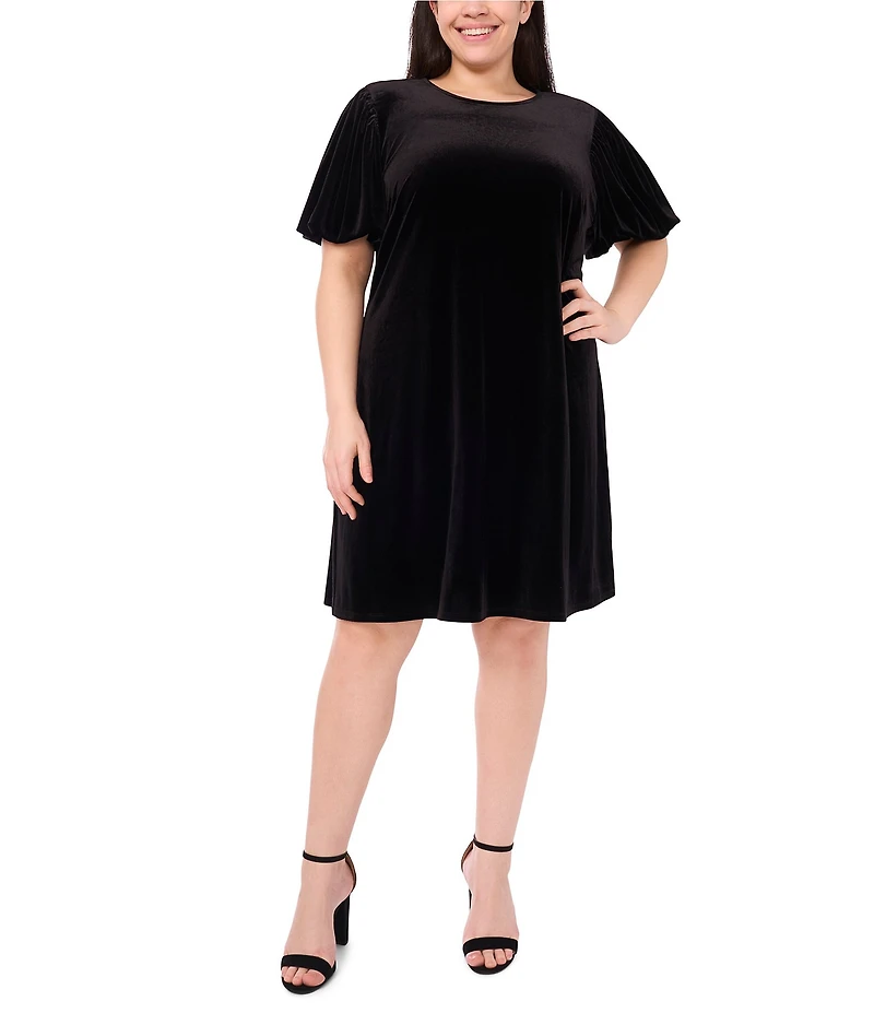 CeCe Plus Size Velvet Round Neck Elbow Sleeve A Line Dress
