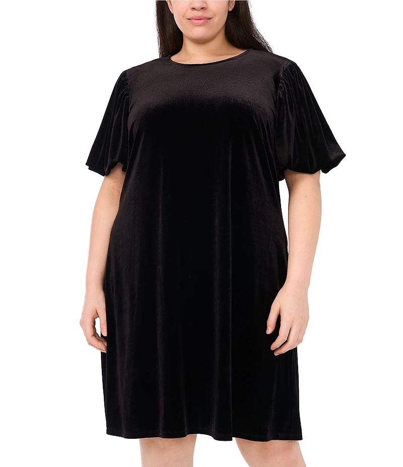 CeCe Plus Size Velvet Round Neck Elbow Sleeve A Line Dress