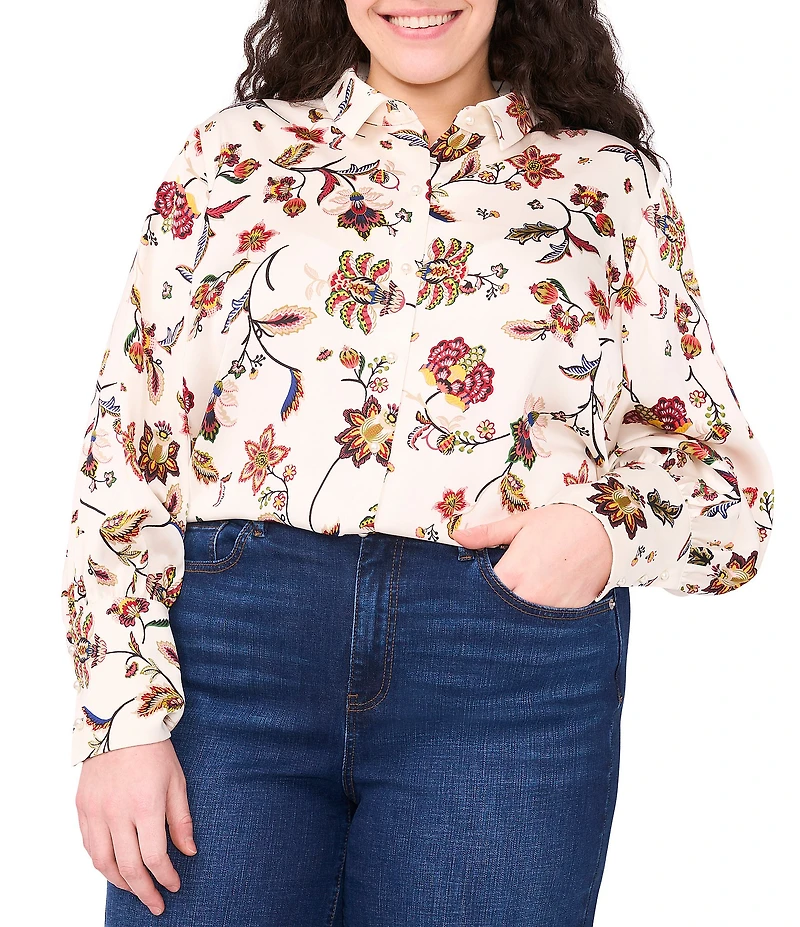 CeCe Plus Size Woven Collared Floral Print Long Sleeve Button Front Blouse