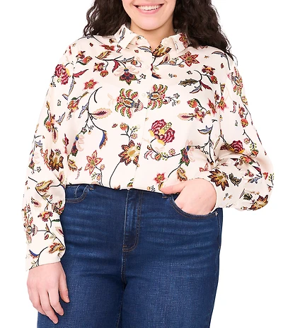 CeCe Plus Size Woven Collared Floral Print Long Sleeve Button Front Blouse