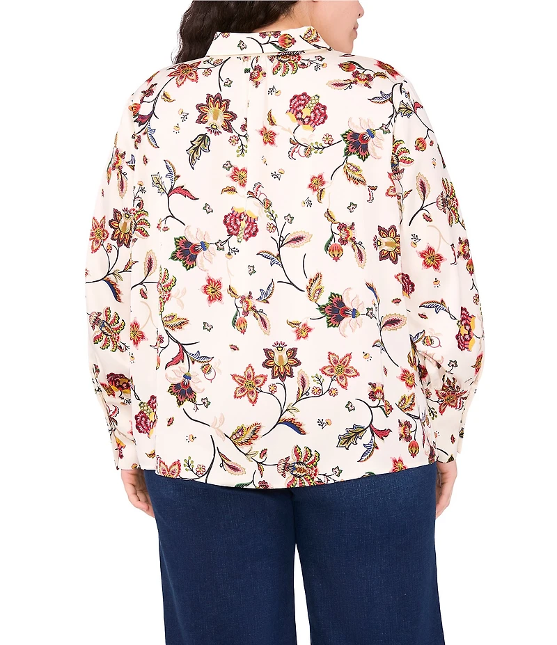 CeCe Plus Size Woven Collared Floral Print Long Sleeve Button Front Blouse