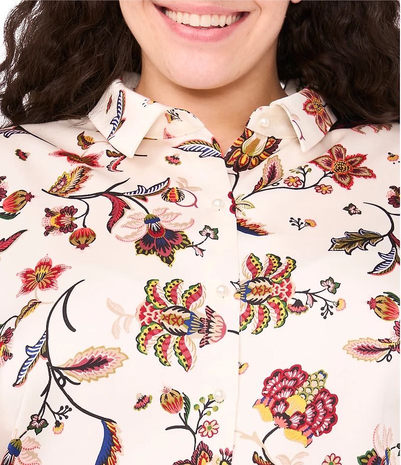 CeCe Plus Size Woven Collared Floral Print Long Sleeve Button Front Blouse
