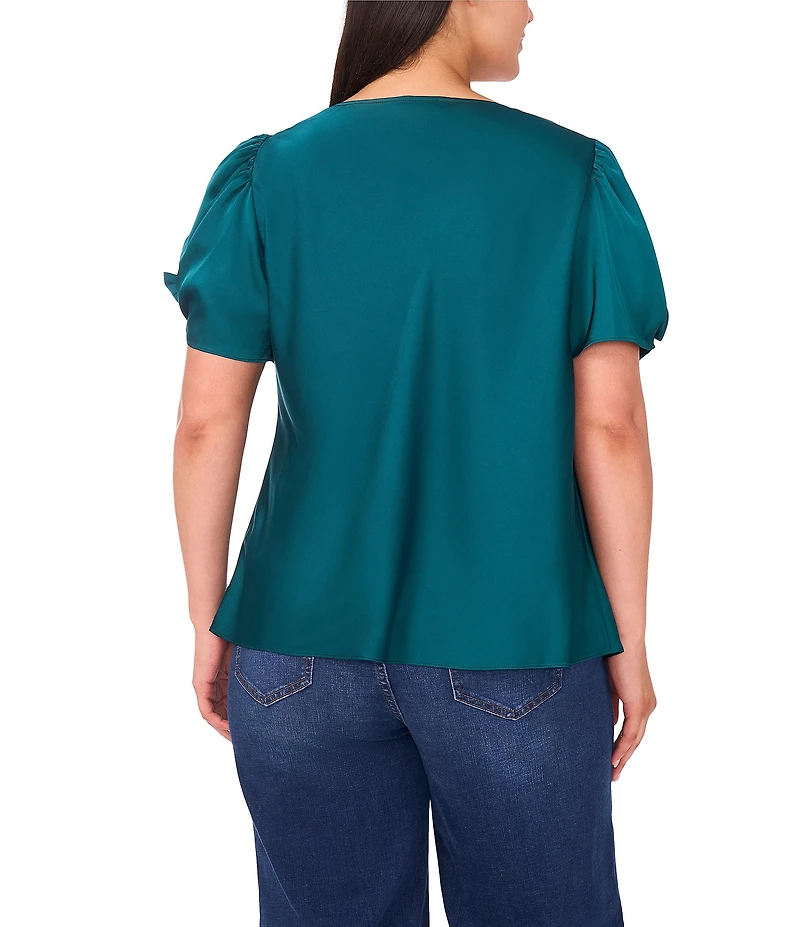 CeCe Plus Size Woven Cowl Neck Short Bubble Bow Sleeve Top