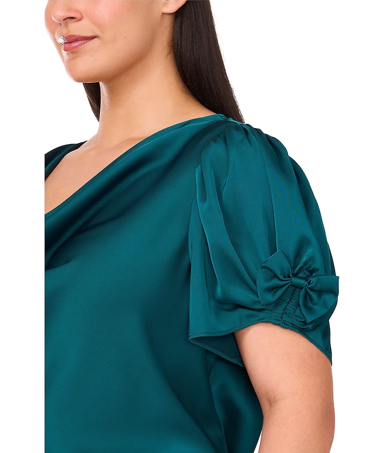 CeCe Plus Size Woven Cowl Neck Short Bubble Bow Sleeve Top