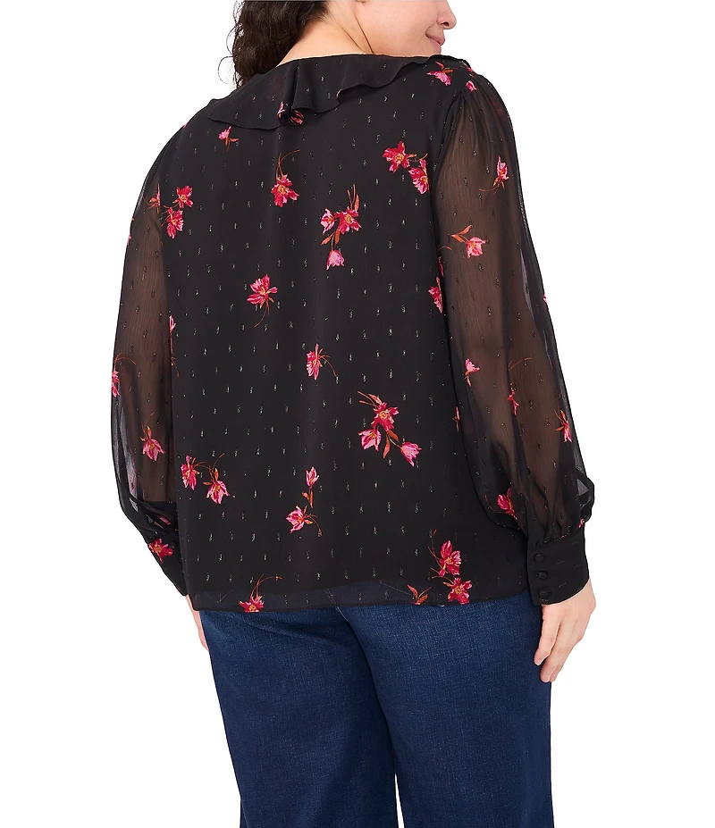 CeCe Plus Size Woven Floral Print V-Neck Long Sleeve Blouse
