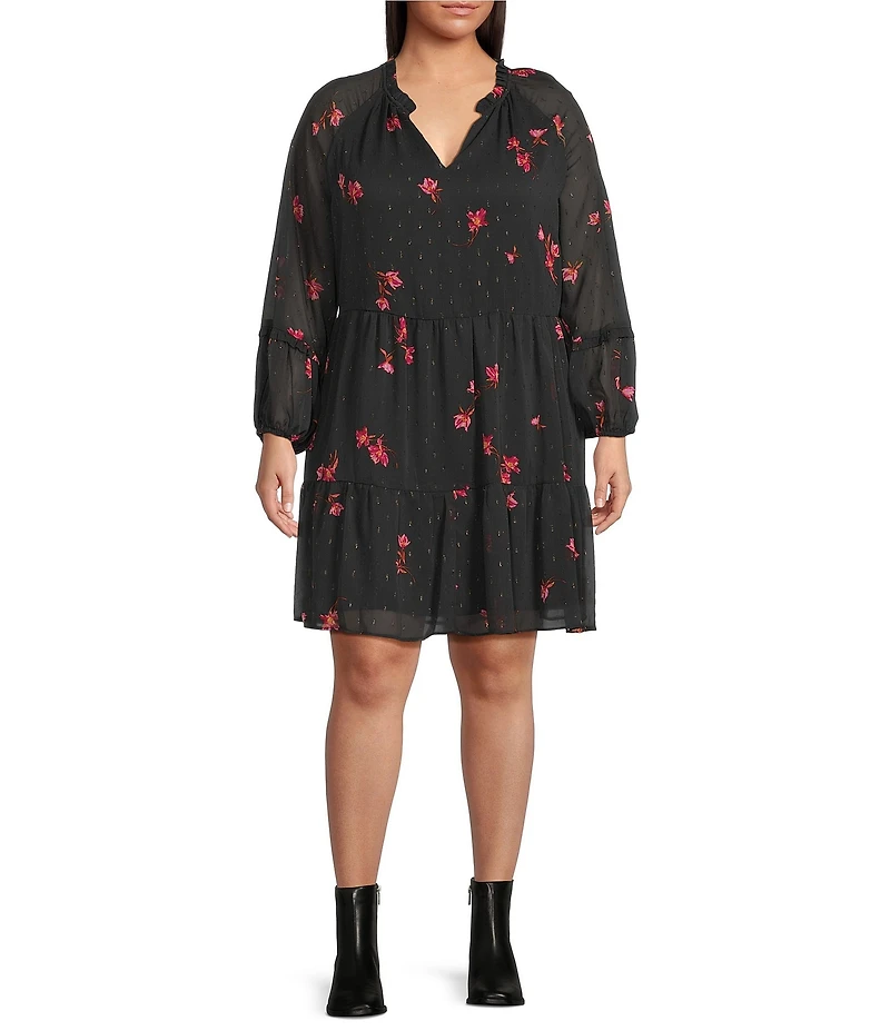 CeCe Plus Size Woven Floral Print V-Neck Long Sleeve Dress