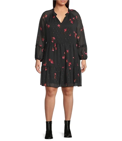 CeCe Plus Size Woven Floral Print V-Neck Long Sleeve Dress