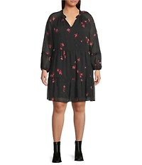 CeCe Plus Size Woven Floral Print V-Neck Long Sleeve Dress