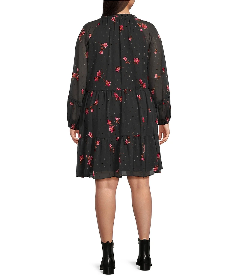CeCe Plus Size Woven Floral Print V-Neck Long Sleeve Dress