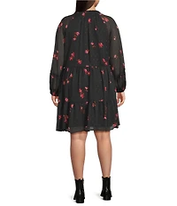 CeCe Plus Size Woven Floral Print V-Neck Long Sleeve Dress