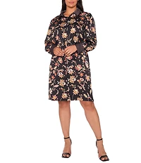 CeCe Plus Size Woven Paisley Print Point Collar Long Sleeve Mini Shirt Dress
