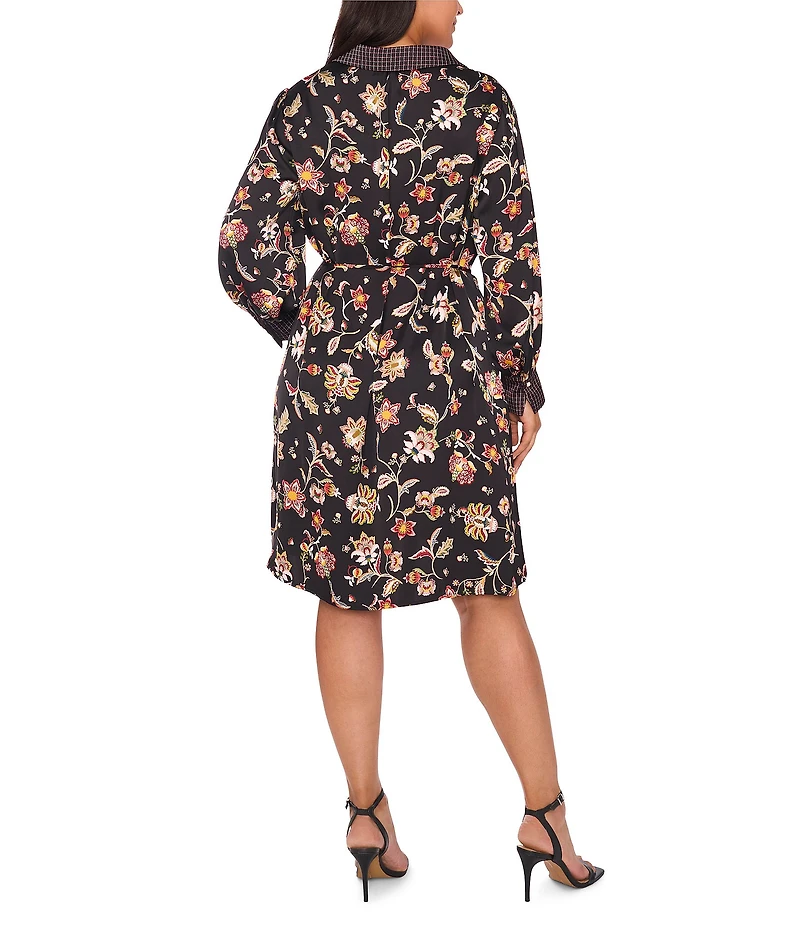 CeCe Plus Size Woven Paisley Print Point Collar Long Sleeve Mini Shirt Dress