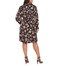 CeCe Plus Size Woven Paisley Print Point Collar Long Sleeve Mini Shirt Dress