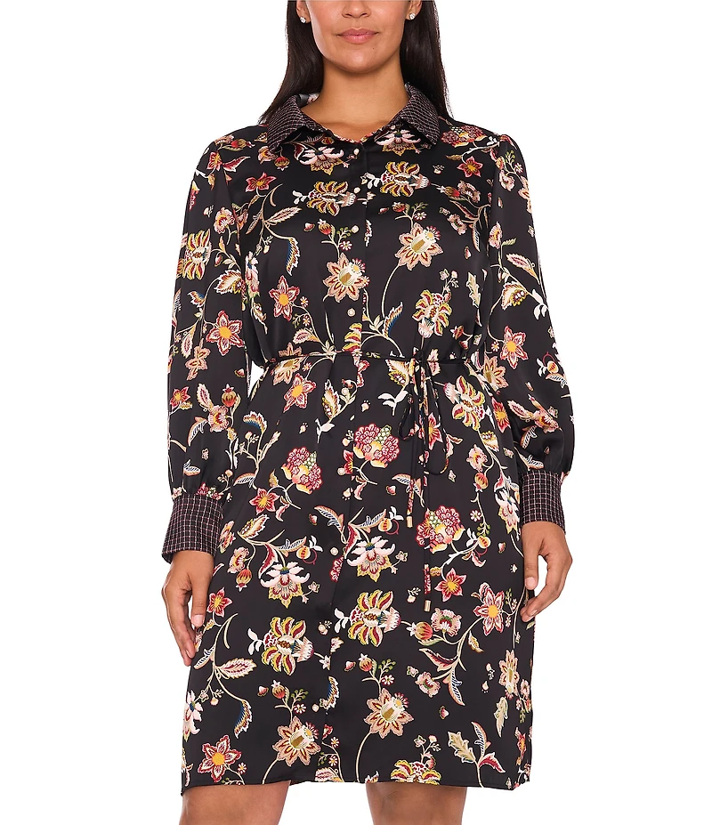 CeCe Plus Size Woven Paisley Print Point Collar Long Sleeve Mini Shirt Dress