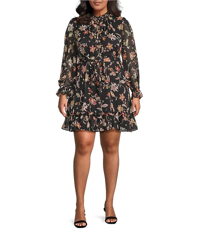 CeCe Plus Size Woven Paisley Print V-Neck Long Sleeve Pleated Dress
