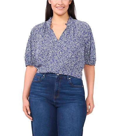 CeCe Plus Size Woven Printed Split Round Ruffle Neckline Short Puff Sleeve Blouse
