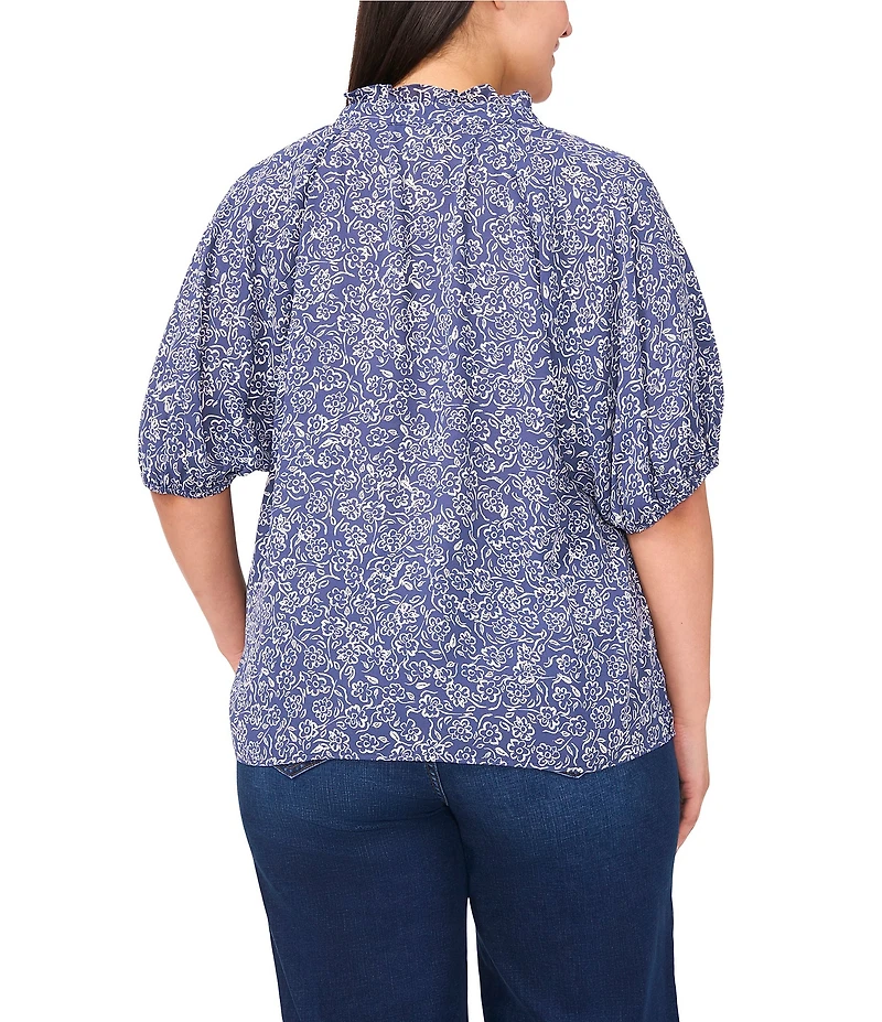 CeCe Plus Size Woven Printed Split Round Ruffle Neckline Short Puff Sleeve Blouse