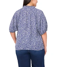 CeCe Plus Size Woven Printed Split Round Ruffle Neckline Short Puff Sleeve Blouse