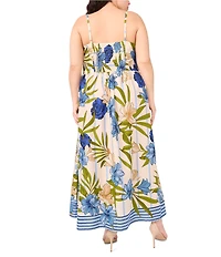CeCe Plus Size Woven Floral Printed Square Neck Sleeveless Midi Dress