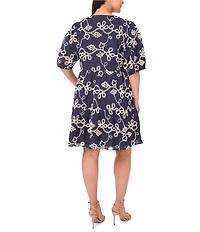 CeCe Plus Size Woven V-Neck Short Puff Sleeve Floral Embroidered Tiered A-Line Dress