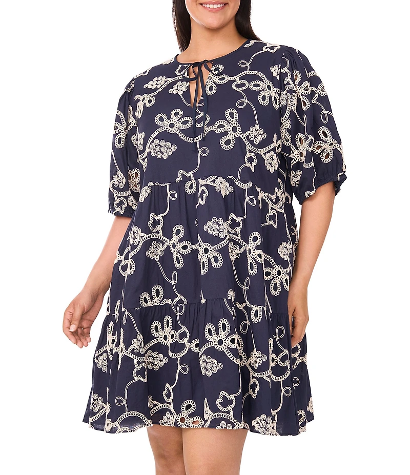 CeCe Plus Size Woven V-Neck Short Puff Sleeve Floral Embroidered Tiered A-Line Dress