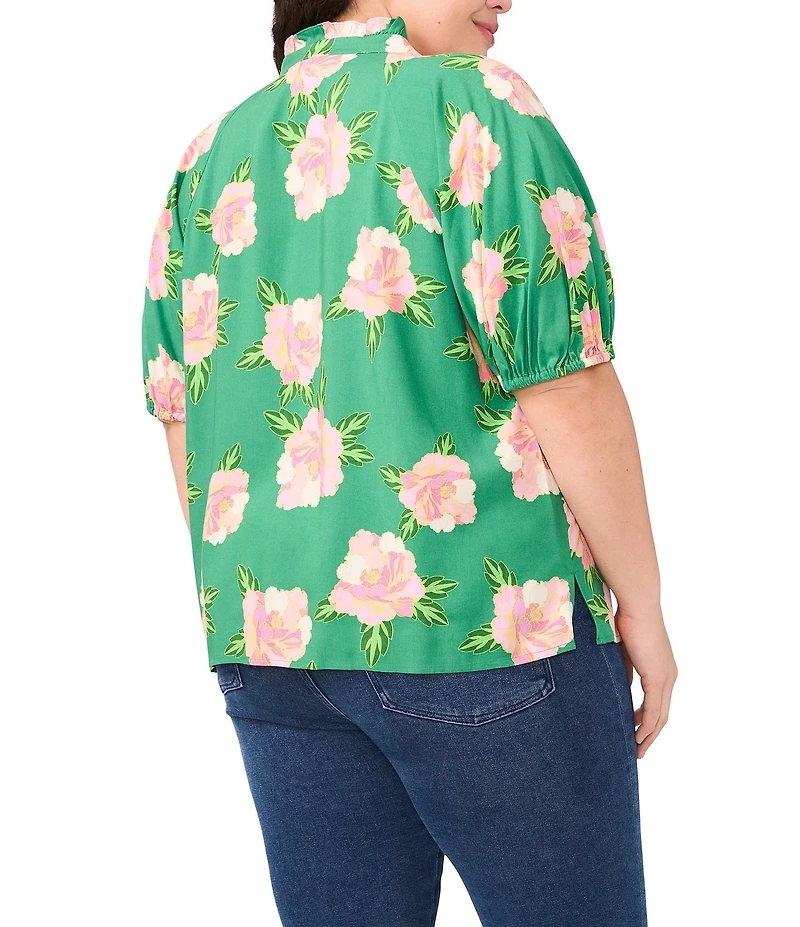 CeCe Plus Woven Floral Print Round Neck Short Puff Sleeve Blouse