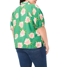 CeCe Plus Woven Floral Print Round Neck Short Puff Sleeve Blouse