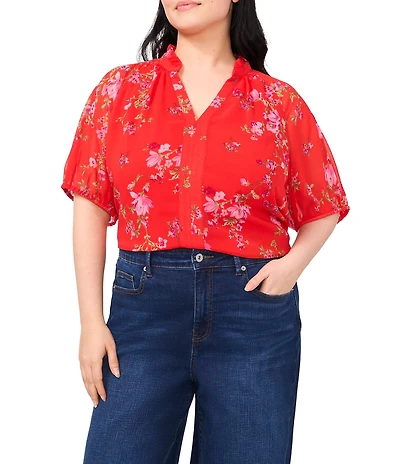 CeCe Plus Woven Floral Print V-Neck Short Sleeve Blouse