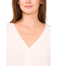 CeCe Pointelle Knit V-Neck Short Puff Sleeve Cardigan