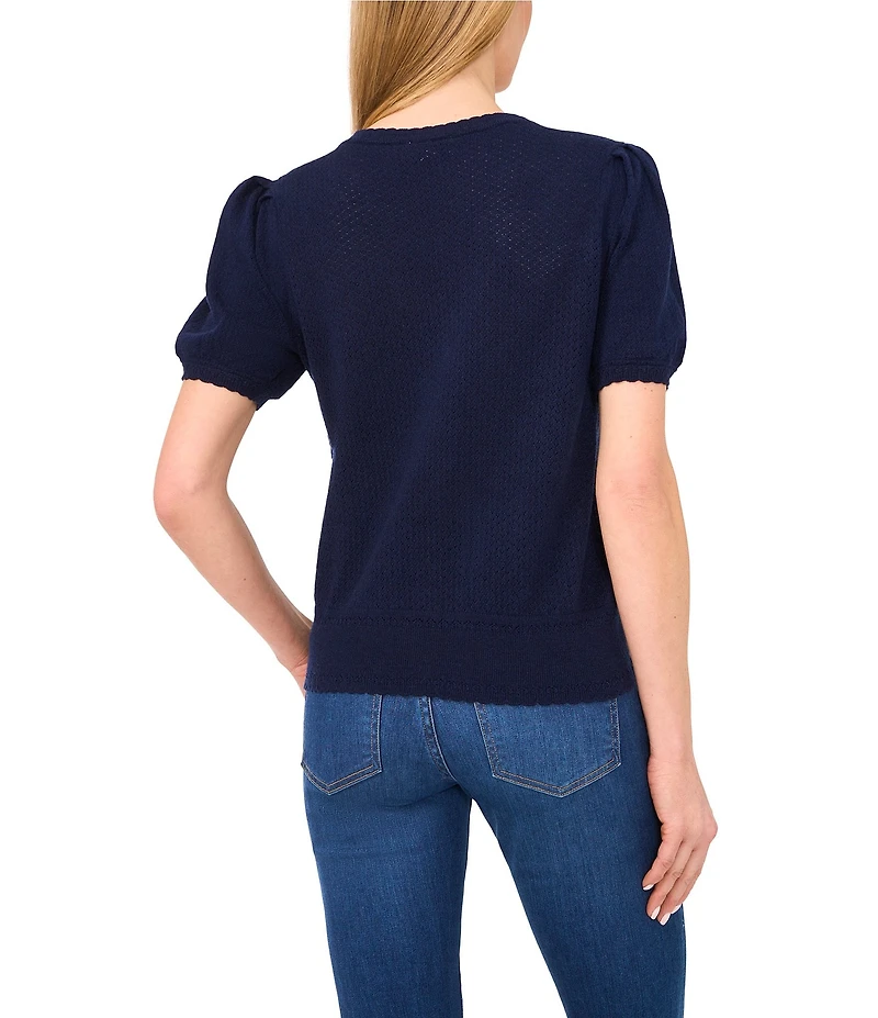 CeCe Pointelle Knit V-Neck Short Puff Sleeve Cardigan