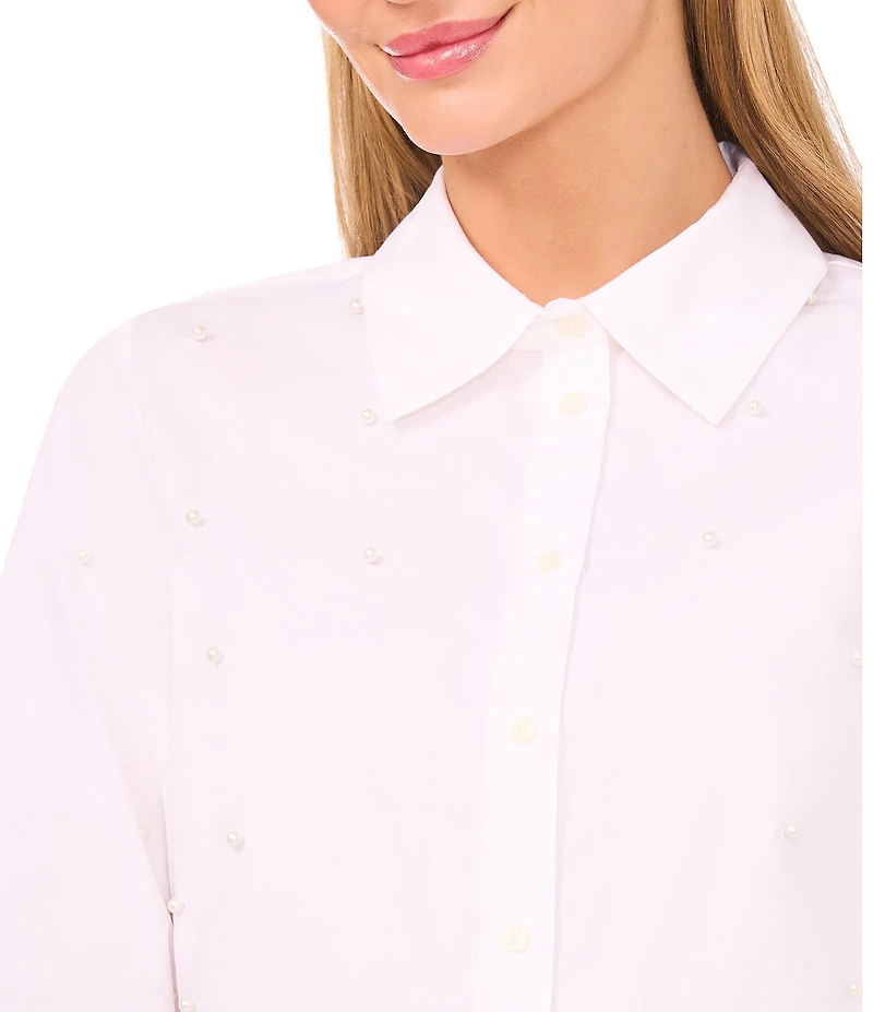 CeCe Poplin Point Collar Long Sleeve Pearl Button Down Top