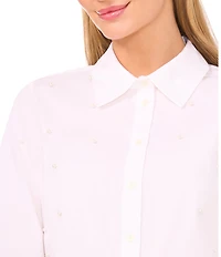 CeCe Poplin Point Collar Long Sleeve Pearl Button Down Top