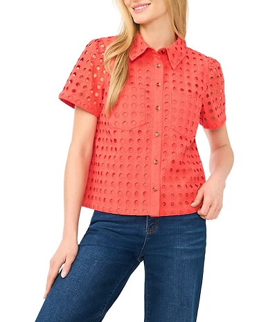 CeCe Poplin Point Collar Short Sleeve Button Down Top