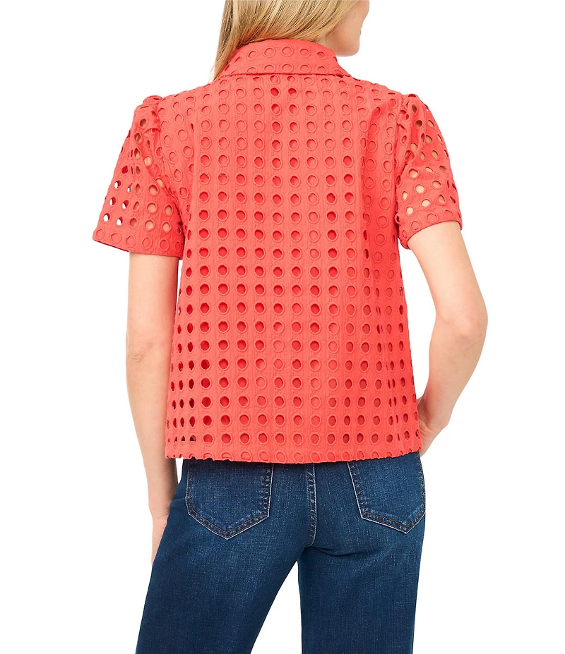 CeCe Poplin Point Collar Short Sleeve Button Down Top