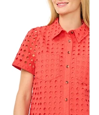 CeCe Poplin Point Collar Short Sleeve Button Down Top