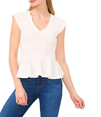CeCe Puckered Knit V-Neck Cap Sleeve Peplum Top