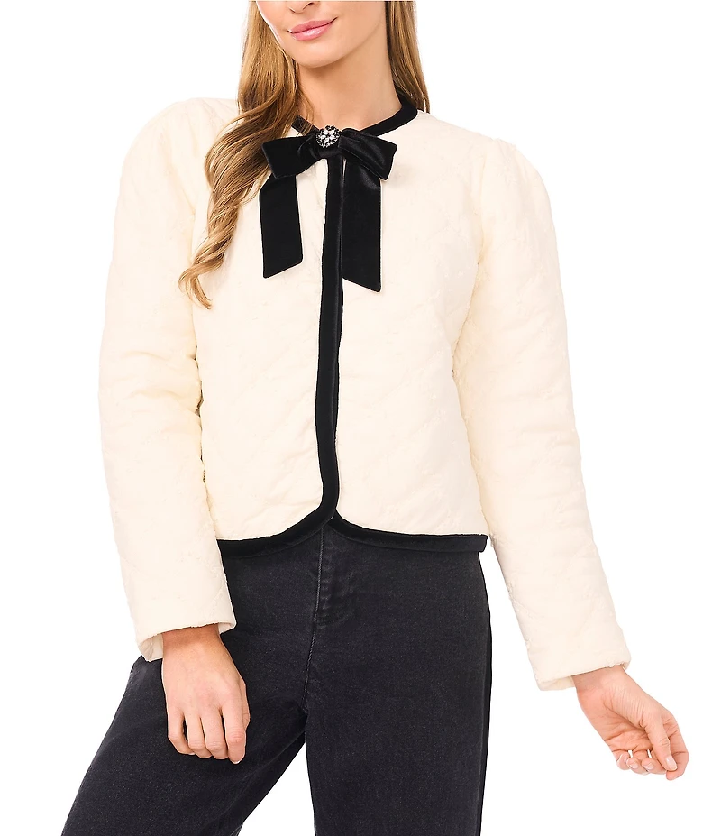 CeCe Quilted Round Bow Neck Long Sleeve Contrast Trim Jacket