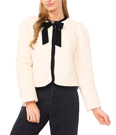 CeCe Quilted Round Bow Neck Long Sleeve Contrast Trim Jacket