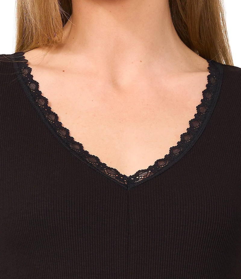 CeCe Ribbed Knit V-Neck Sleeveless Lace Trim Tank